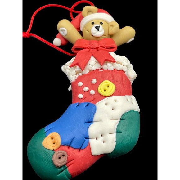 Vintage Clay Dough Christmas Stocking Ornament With Teddy Bear Design - Picture 1 of 4